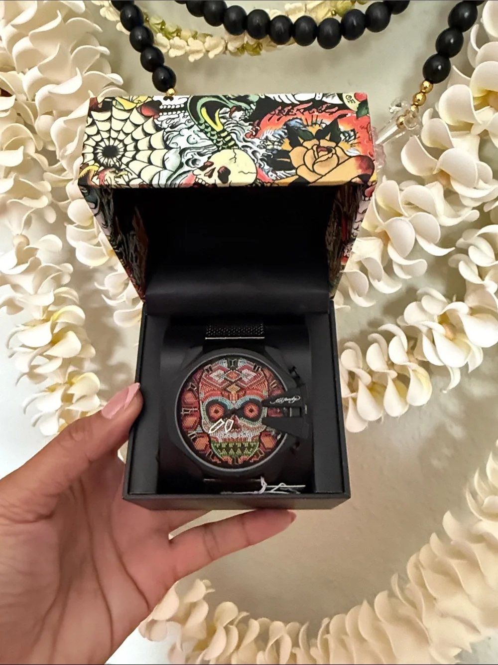 Ed Hardy Multicolor Skull Mosaic Mesh Strap Watch